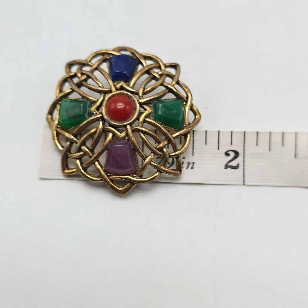Vintage Sol D'or Celtic Knot Brooch With Multicolor Stones Gold Tone Pin